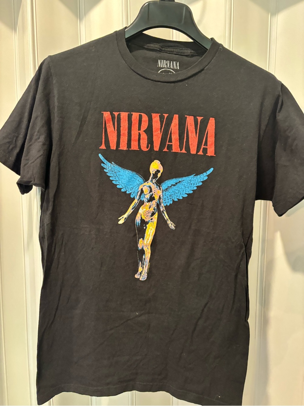 Nirvana Men's Black Graphic Band Tee - Winged Figure Design Size Medium
